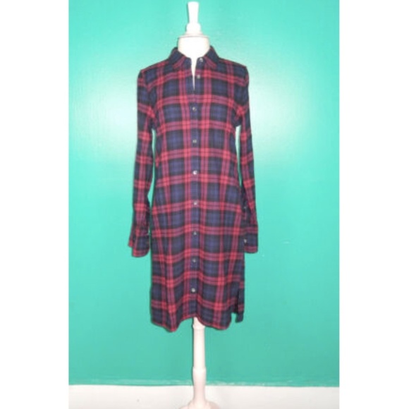 Alex Mill Standard Plaid Navy Blue Burgundy Flannel Shirt Dress - Picture 2 of 5